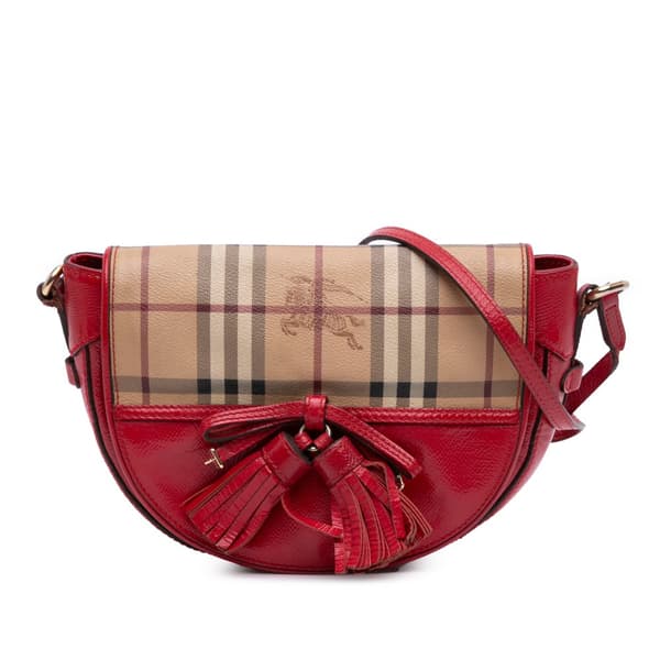 Pre-owned Burberry Patent Leather and Haymarket Check Coated Canvas Maydown Crossbody Red