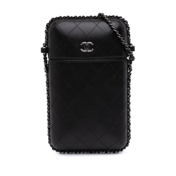 Pre-owned Chanel CC Quilted Lambskin Chain Around Phone Holder Black