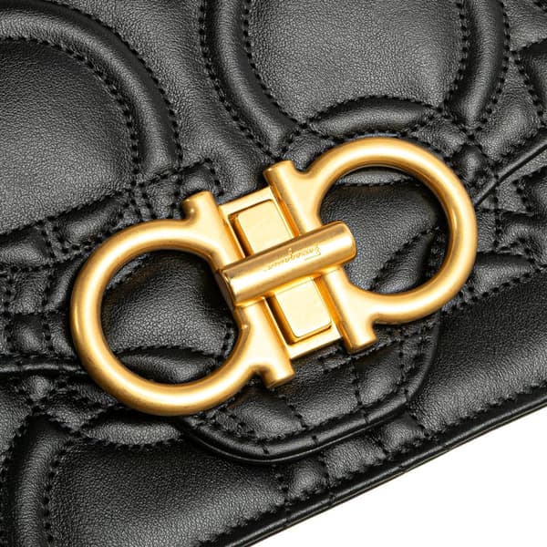 Pre-owned Ferragamo Quilted Leather Gancini Flap Crossbody Black
