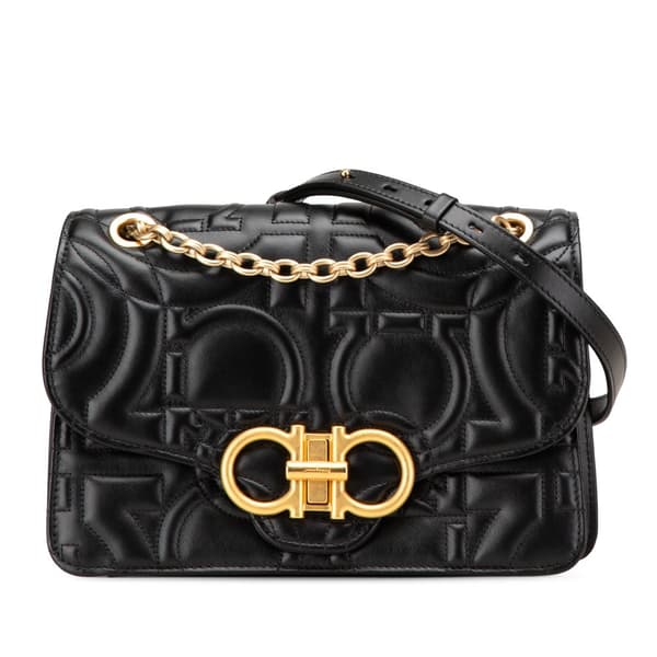 Pre-owned Ferragamo Quilted Leather Gancini Flap Crossbody Black