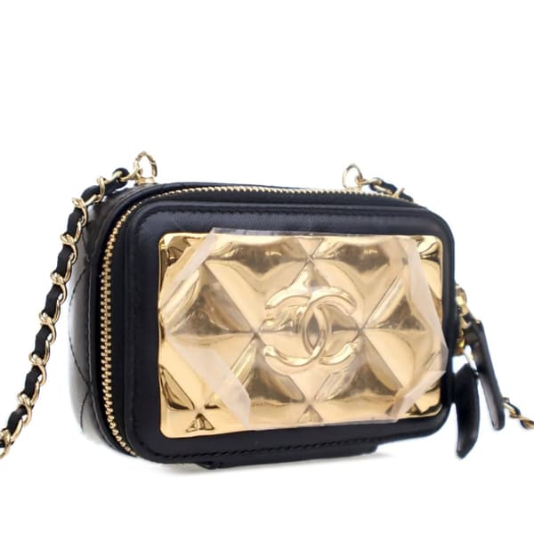 Pre-owned Chanel Extra Mini CC Quilted Golden Plate Vanity Crossbody Black