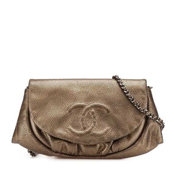 Pre-owned Chanel CC Metallic Caviar Half Moon Wallet on Chain Gold