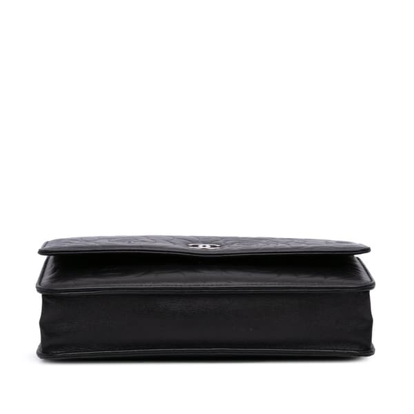 Pre-owned Chanel Lambskin Camellia Embossed Wallet On Chain Black