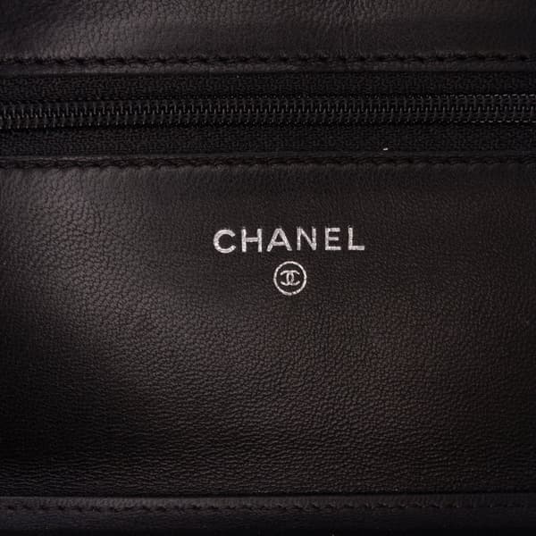 Pre-owned Chanel Lambskin Camellia Embossed Wallet On Chain Black