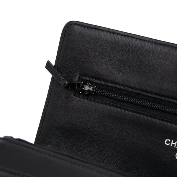 Pre-owned Chanel Lambskin Camellia Embossed Wallet On Chain Black
