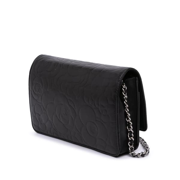 Pre-owned Chanel Lambskin Camellia Embossed Wallet On Chain Black