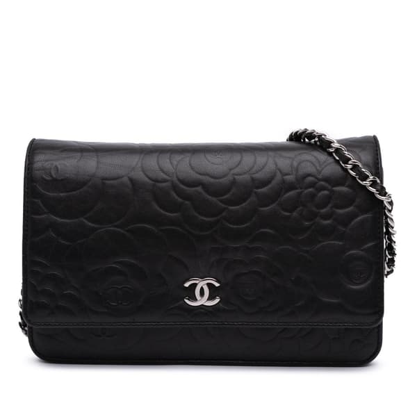 Pre-owned Chanel Lambskin Camellia Embossed Wallet On Chain Black