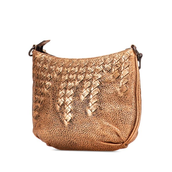 Pre-owned Bottega Veneta Intrecciato Trimmed Metallic Leather Crossbody Gold