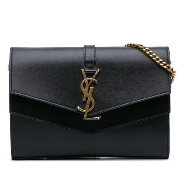 Pre-owned Saint Laurent Leather Monogram Sulpice Wallet on Chain Black