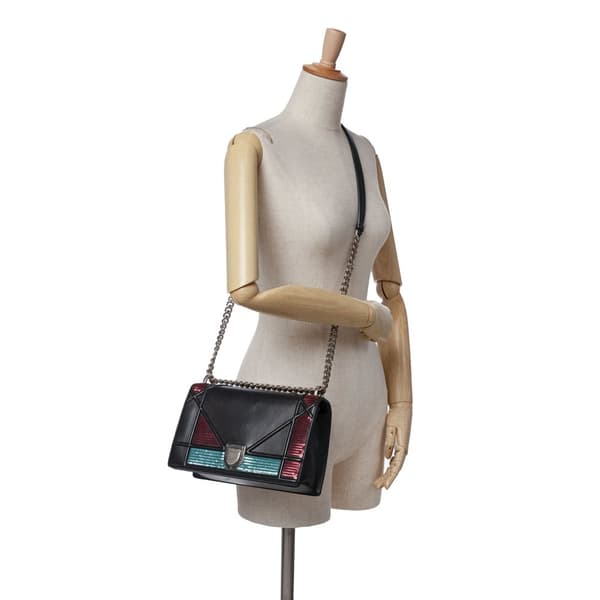 Pre-owned Dior Medium Lambskin Sequin Diorama Flap Black