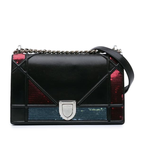 Pre-owned Dior Medium Lambskin Sequin Diorama Flap Black