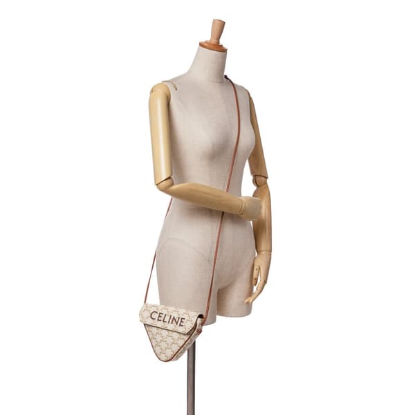 Pre-owned Celine Coated Canvas Triomphe Triangle Crossbody White