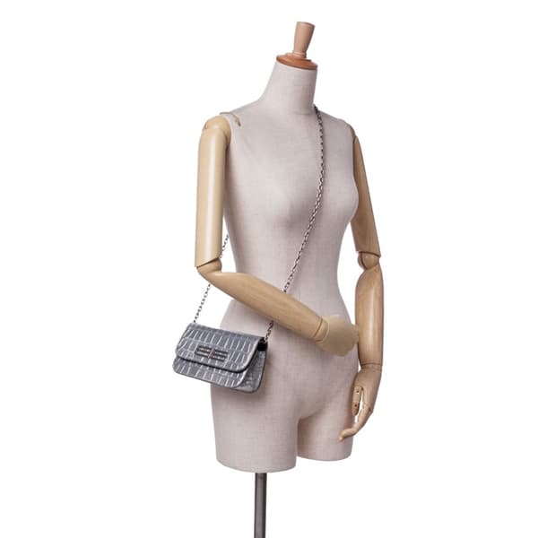 Pre-owned Balenciaga Croc Embossed Lambskin Gossip Wallet on Chain Silver