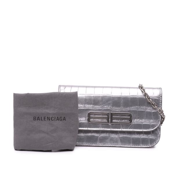 Pre-owned Balenciaga Croc Embossed Lambskin Gossip Wallet on Chain Silver