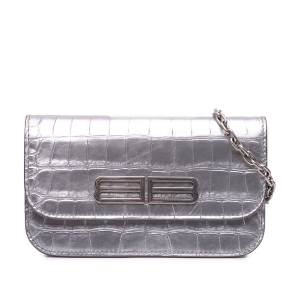 Pre-owned Balenciaga Croc Embossed Lambskin Gossip Wallet on Chain Silver