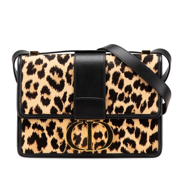 Pre-owned Dior Pony Hair Leopard Print 30 Montaigne Flap Brown