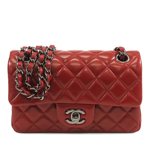 Pre-owned Chanel Mini Rectangular Classic Lambskin Single Flap Red