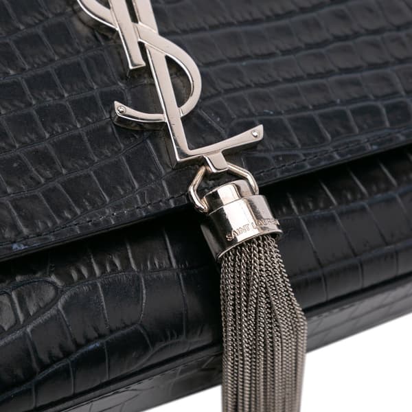 Pre-owned Saint Laurent Medium Croc Embossed Leather Kate Tassel Crossbody Blue