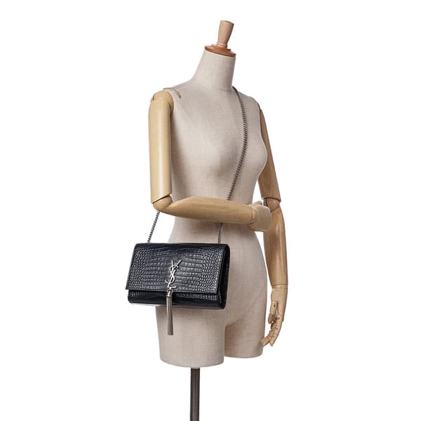 Pre-owned Saint Laurent Medium Croc Embossed Leather Kate Tassel Crossbody Blue