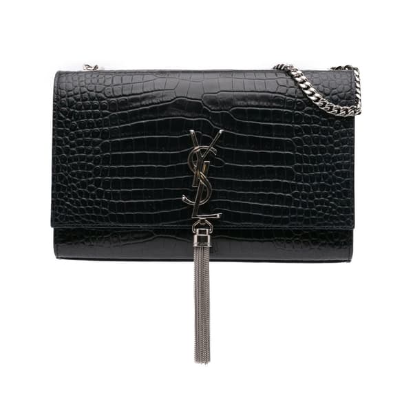 Pre-owned Saint Laurent Medium Croc Embossed Leather Kate Tassel Crossbody Blue