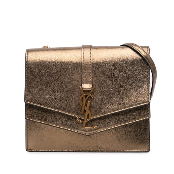 Pre-owned Saint Laurent Medium Metallic Leather Monogram Sulpice Crossbody Brown
