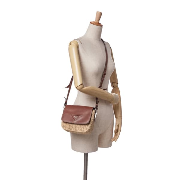 Pre-owned Prada Raffia Vitello Flap Crossbody Brown