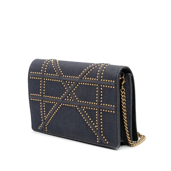 Pre-owned Dior Studded Denim Diorama Wallet on Chain Blue