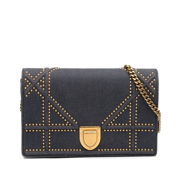 Pre-owned Dior Studded Denim Diorama Wallet on Chain Blue