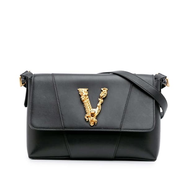 Pre-owned Versace Vitello Barocco Virtus Flap Black