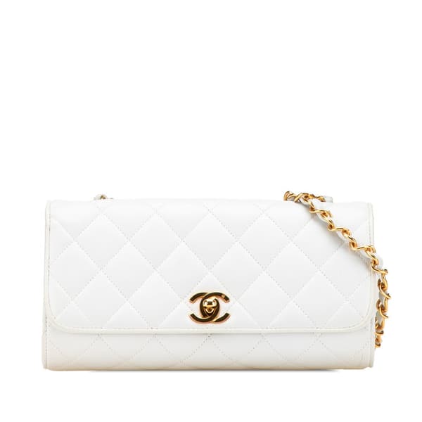 Pre-owned Chanel Small CC Quilted Lambskin Flap Clutch on Chain White
