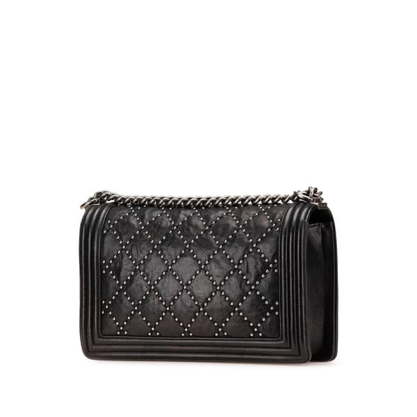 Pre-owned Chanel Old Medium Quilted Crumpled Calfskin Studded Boy Flap Black
