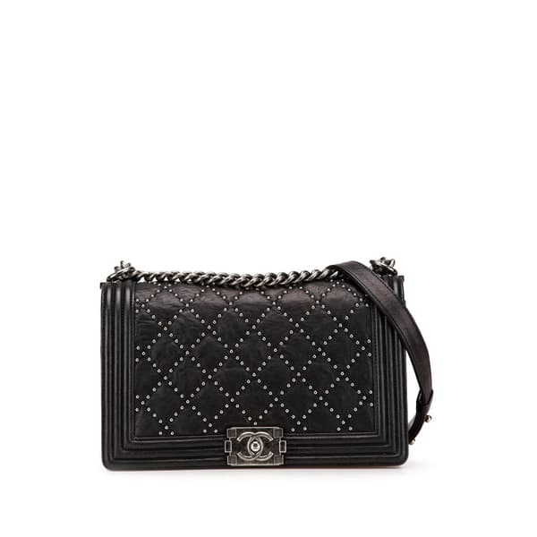 Pre-owned Chanel Old Medium Quilted Crumpled Calfskin Studded Boy Flap Black