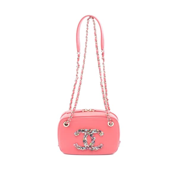 Pre-owned Chanel Lambskin Giant Crystal CC Camera Bag Pink