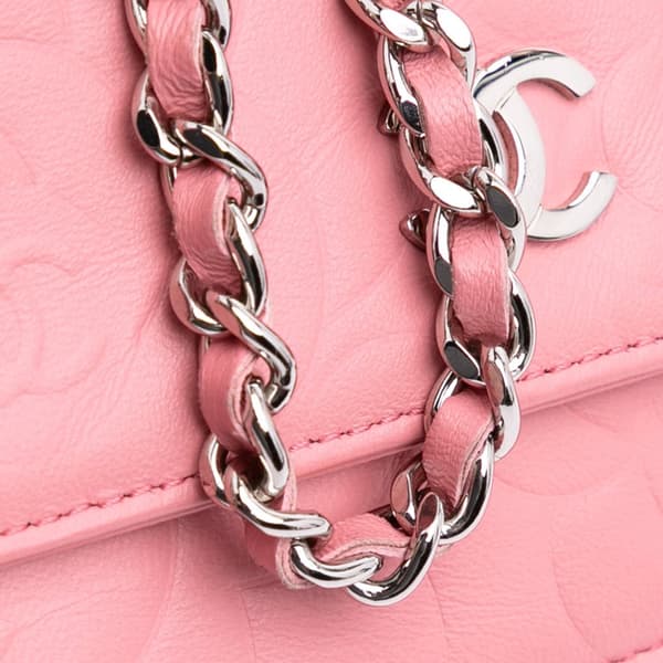 Pre-owned Chanel Embossed Lambskin Camellia Wallet On Chain Pink