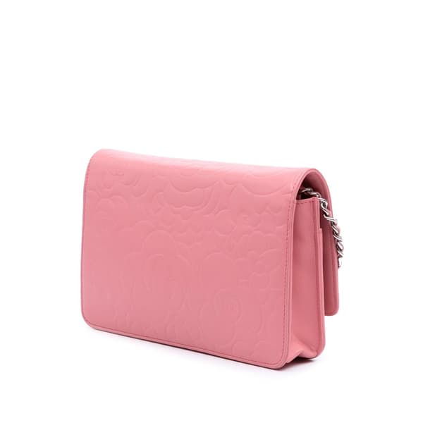 Pre-owned Chanel Embossed Lambskin Camellia Wallet On Chain Pink