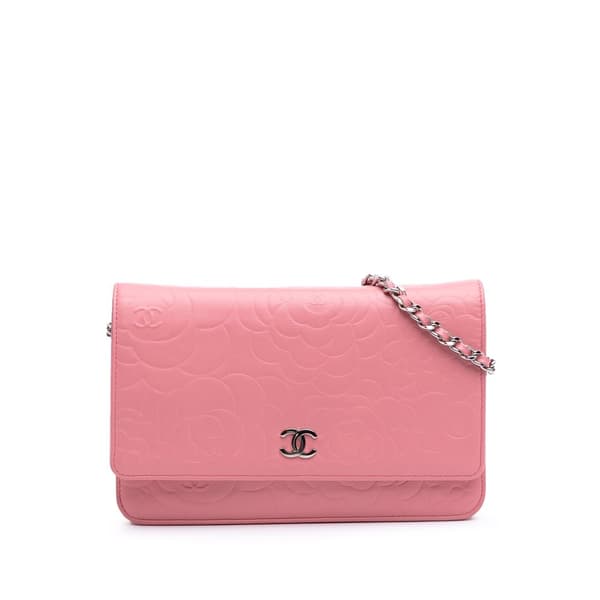 Pre-owned Chanel Embossed Lambskin Camellia Wallet On Chain Pink