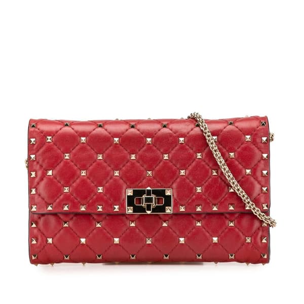 Pre-owned Valentino Leather Rockstud Spike Wallet on Chain Red