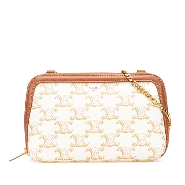 Pre-owned Celine Triomphe Coated Canvas Clutch On Chain White