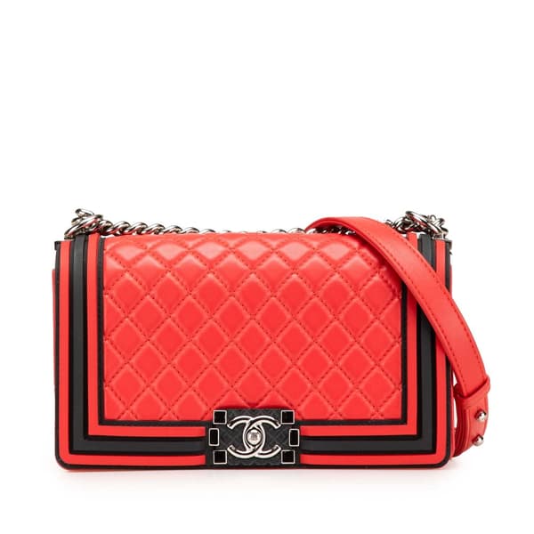 Pre-owned Chanel Old Medium Bicolor Quilted Lambskin and Rubber Boy Flap Red