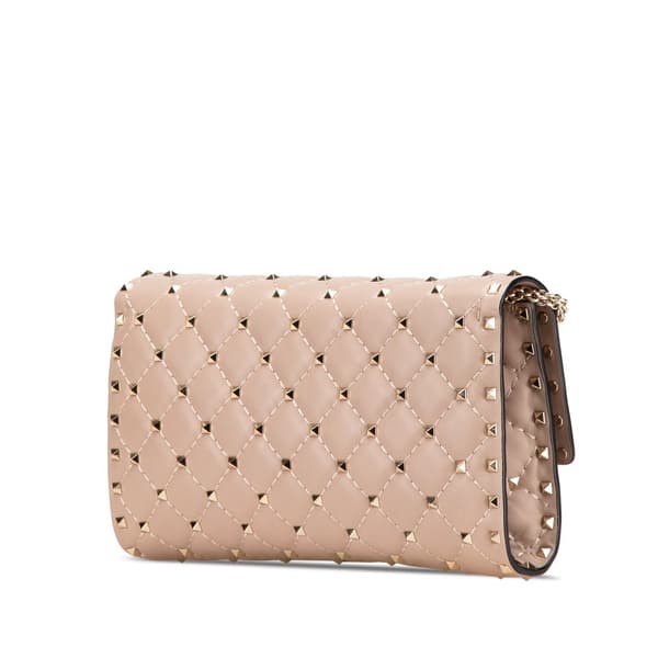 Pre-owned Valentino Nappa Rockstud Spike Wallet On Chain Brown