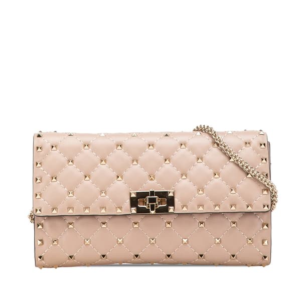 Pre-owned Valentino Nappa Rockstud Spike Wallet On Chain Brown
