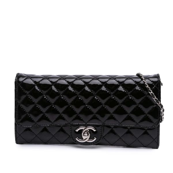 Pre-owned Chanel Quilted Patent East West Wallet On Chain Black