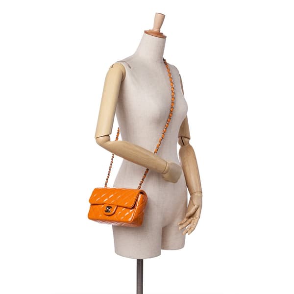Pre-owned Chanel Mini Rectangular Classic Patent Single Flap Orange