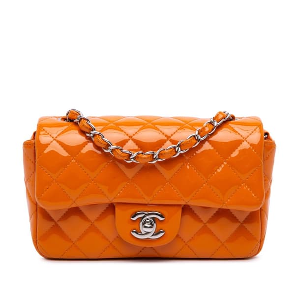 Pre-owned Chanel Mini Rectangular Classic Patent Single Flap Orange