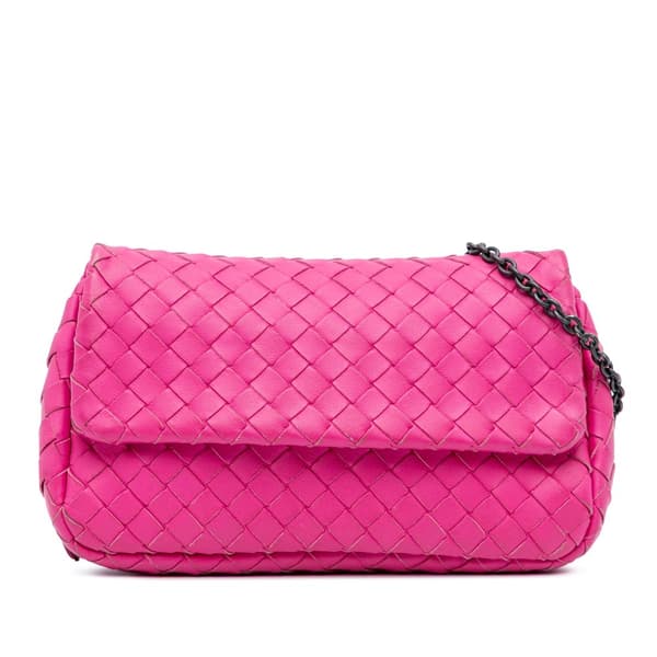 Pre-owned Bottega Veneta Small Calfskin Intrecciomirage Embossed Butterfly Chain Crossbody Pink