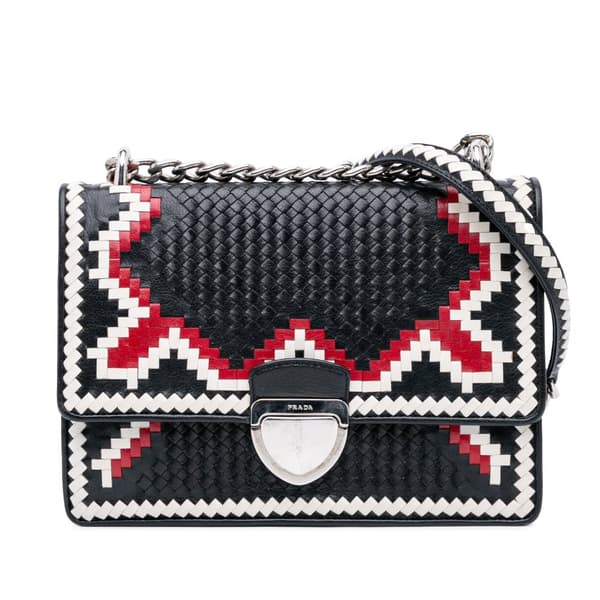 Pre-owned Prada Woven Madras Chain Flap Black