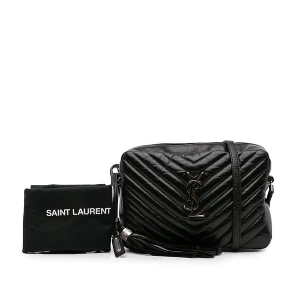 Pre-owned Saint Laurent Cracked Shiny Calfskin Matelasse Tassel Monogram Lou Camera Bag Black
