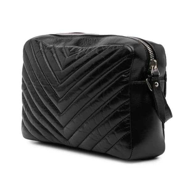 Pre-owned Saint Laurent Cracked Shiny Calfskin Matelasse Tassel Monogram Lou Camera Bag Black