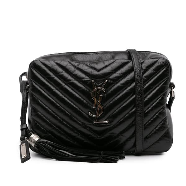 Pre-owned Saint Laurent Cracked Shiny Calfskin Matelasse Tassel Monogram Lou Camera Bag Black