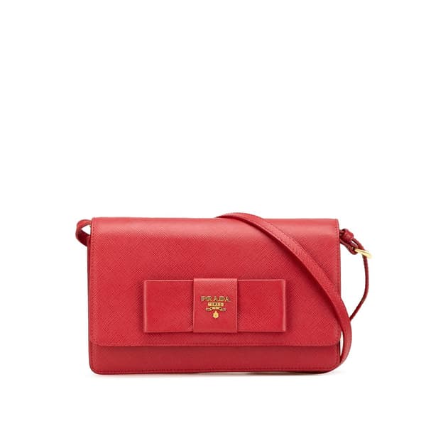 Pre-owned Prada Saffiano Lux Bow Wallet On Strap Red